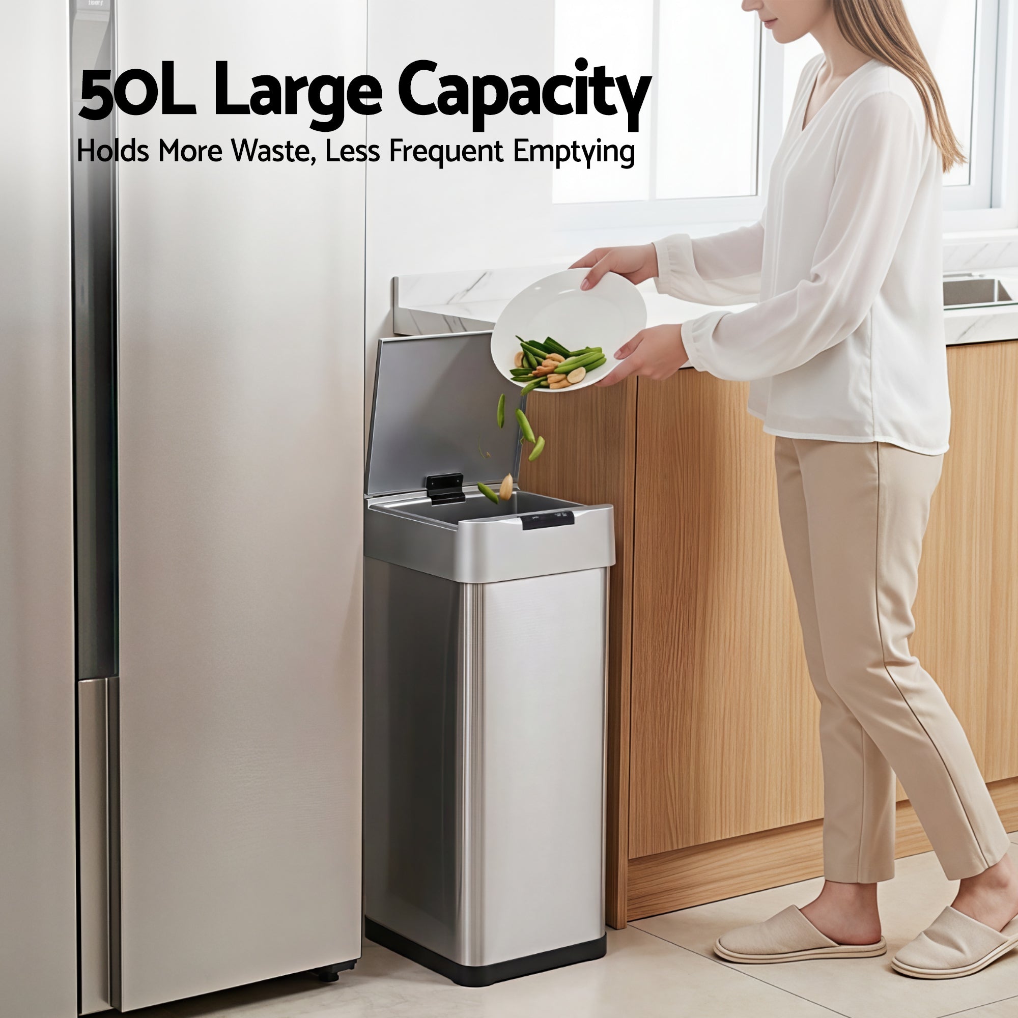 Devanti 50L Motion Sensor Bin Rubbish Bins Kitchen Automatic Trash Can Silver SB-D-50-K250-SI