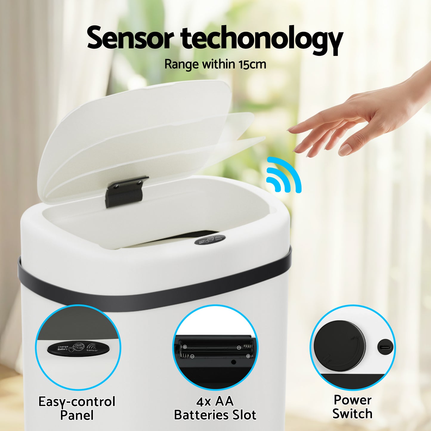 Devanti 50L Sensor Bin Motion Rubbish Automatic White SB-D-50-WH