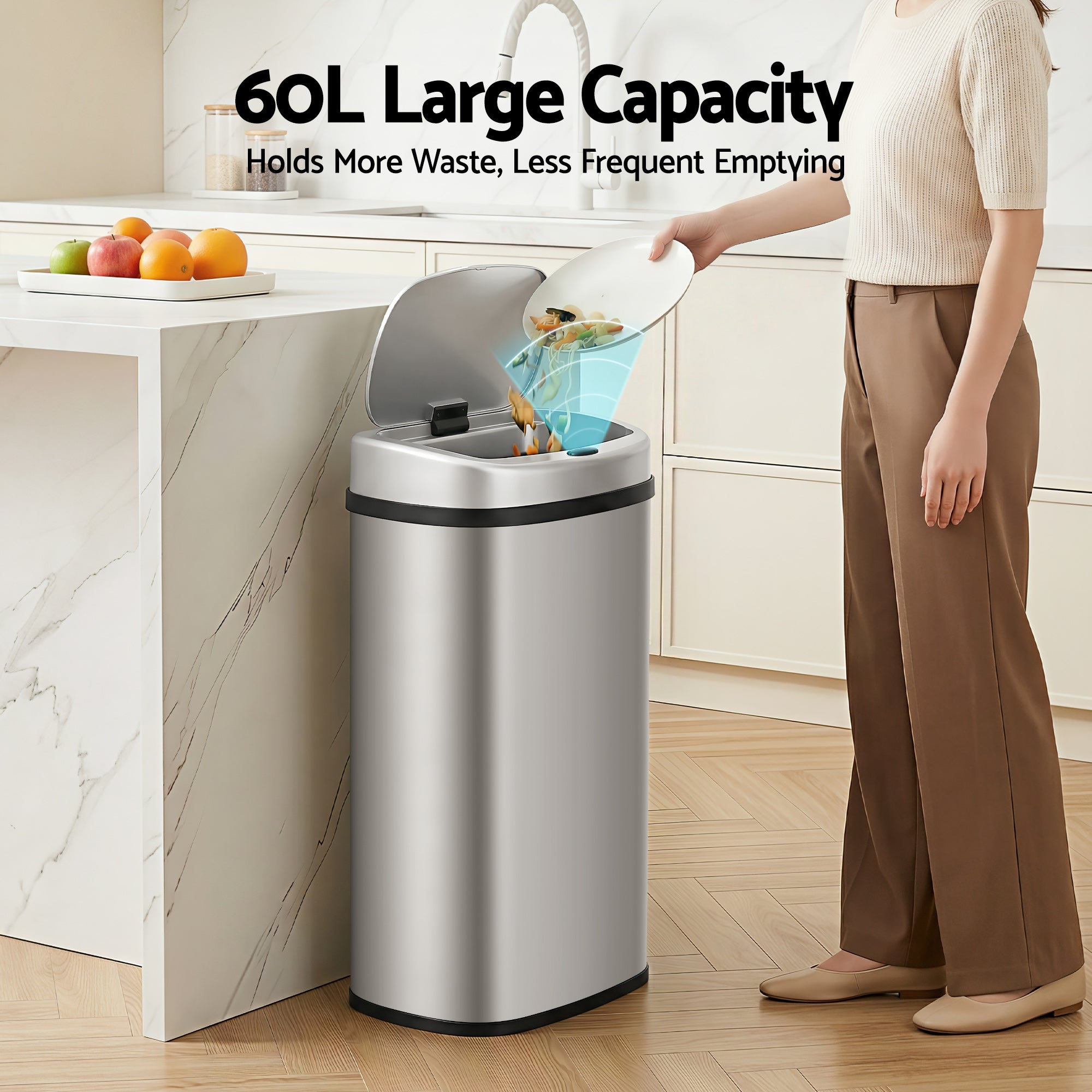 Devanti 60L Sensor Bin Motion Rubbish Automatic Silver SB-D-60-SS