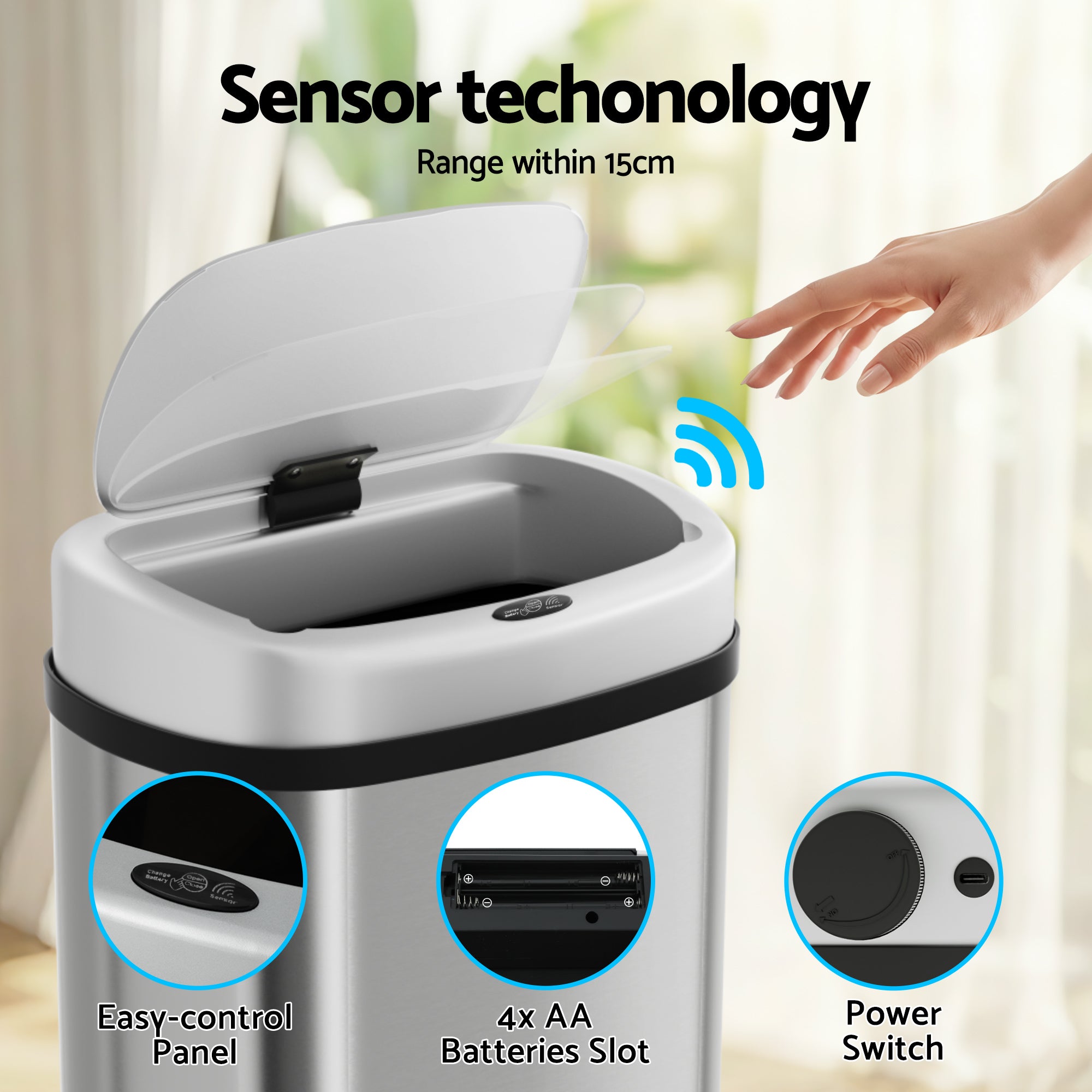 Devanti 60L Sensor Bin Motion Rubbish Automatic Silver SB-D-60-SS