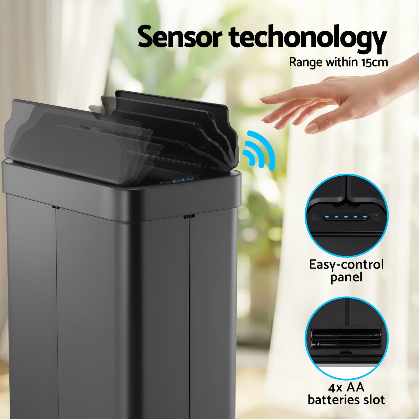 Devanti Rubbish Bin 70L Automatic Sensor Kitchen Bin, Slim Smart Garbage Can Touchless Rectangular with Liner SB-E-70L-BK