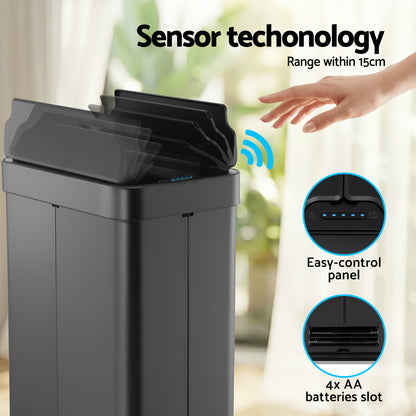 Devanti Rubbish Bin 70L Automatic Sensor Kitchen Bin, Slim Smart Garbage Can Touchless Rectangular with Liner SB-E-70L-BK