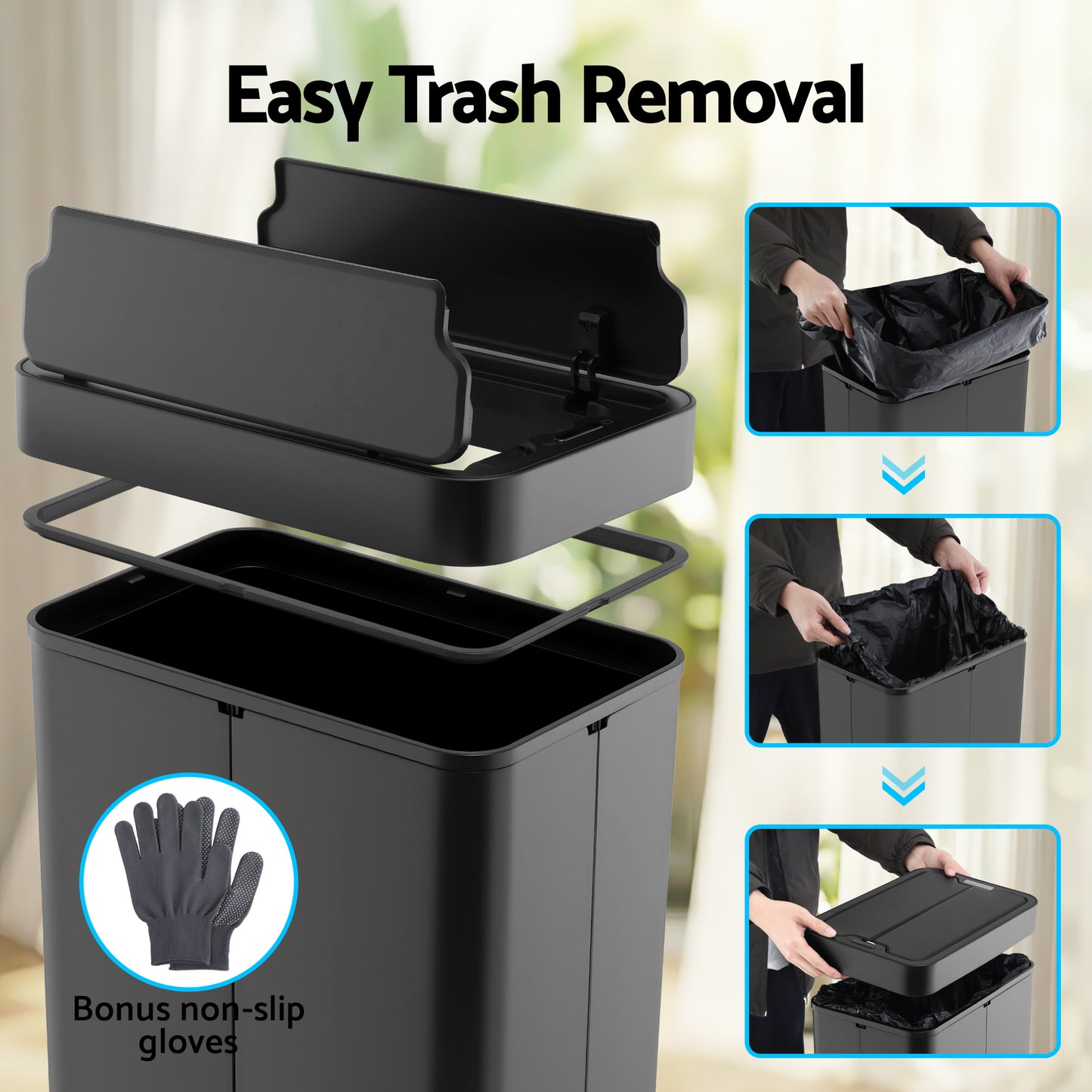 Devanti Rubbish Bin 70L Automatic Sensor Kitchen Bin, Slim Smart Garbage Can Touchless Rectangular with Liner SB-E-70L-BK