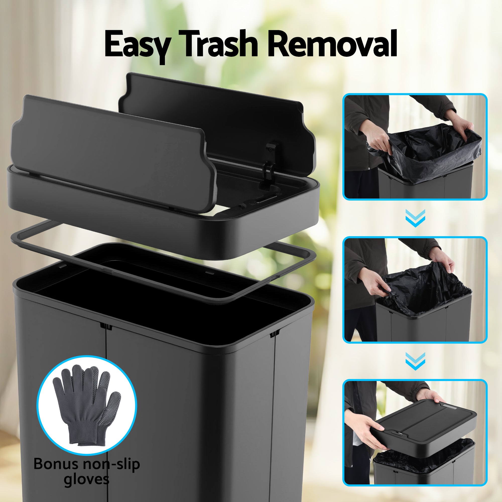 Devanti Rubbish Bin 70L Automatic Sensor Kitchen Bin, Slim Smart Garbage Can Touchless Rectangular with Liner Holder, Fully Closed Lid for Bedroom, Bathroom, Living Room, Black