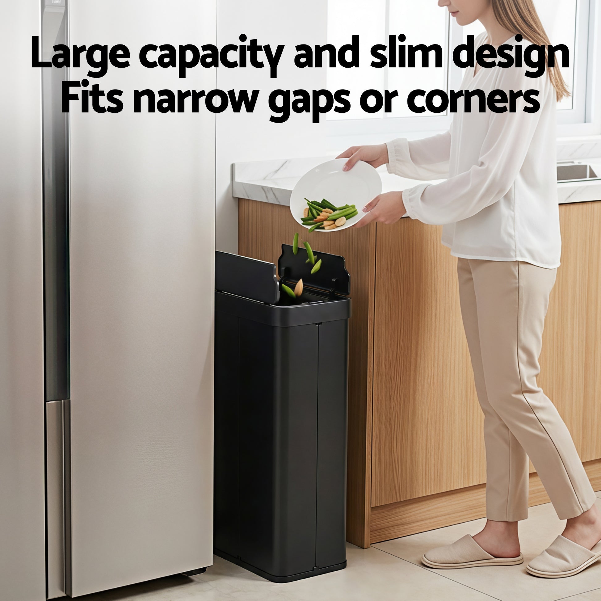 Devanti Rubbish Bin 70L Automatic Sensor Kitchen Bin, Slim Smart Garbage Can Touchless Rectangular with Liner SB-E-70L-BK