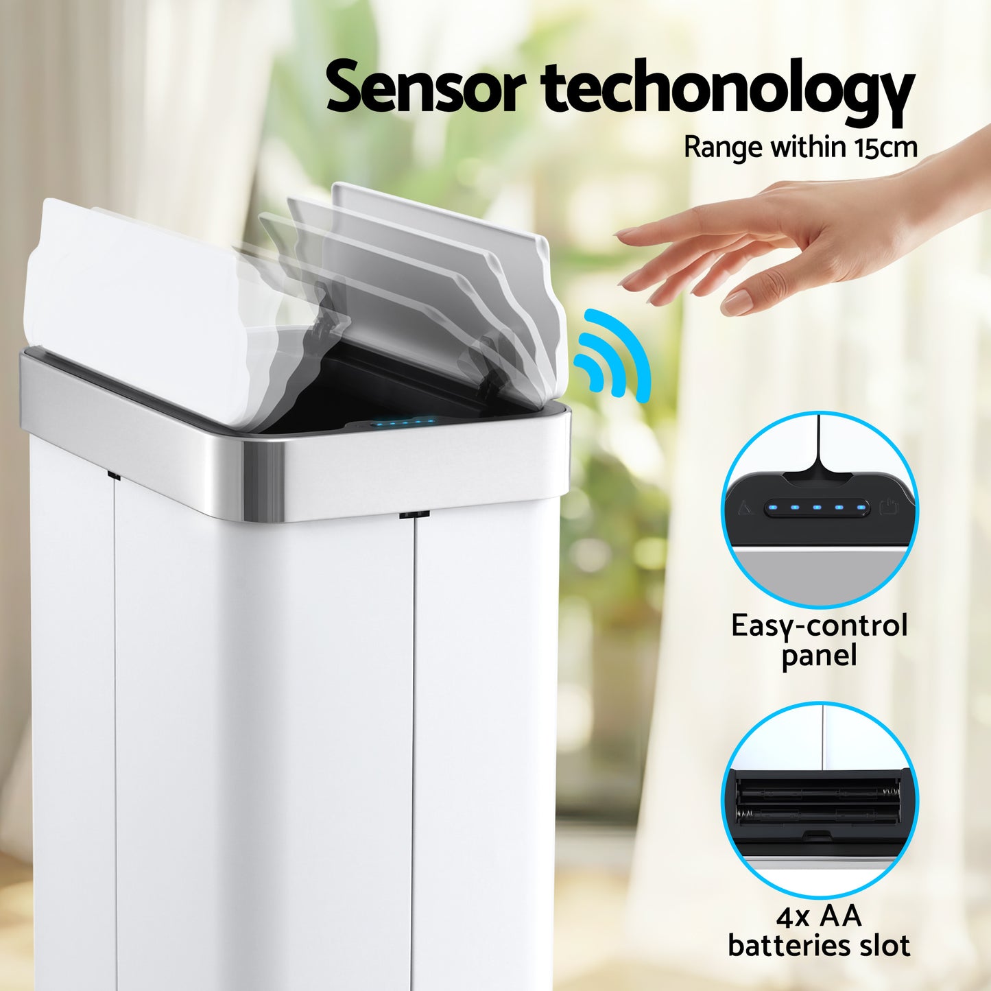 Devanti Rubbish Bin 70L Automatic Sensor Kitchen Bin, Slim Smart Garbage Can Touchless Rectangular with Liner SB-E-70L-WH