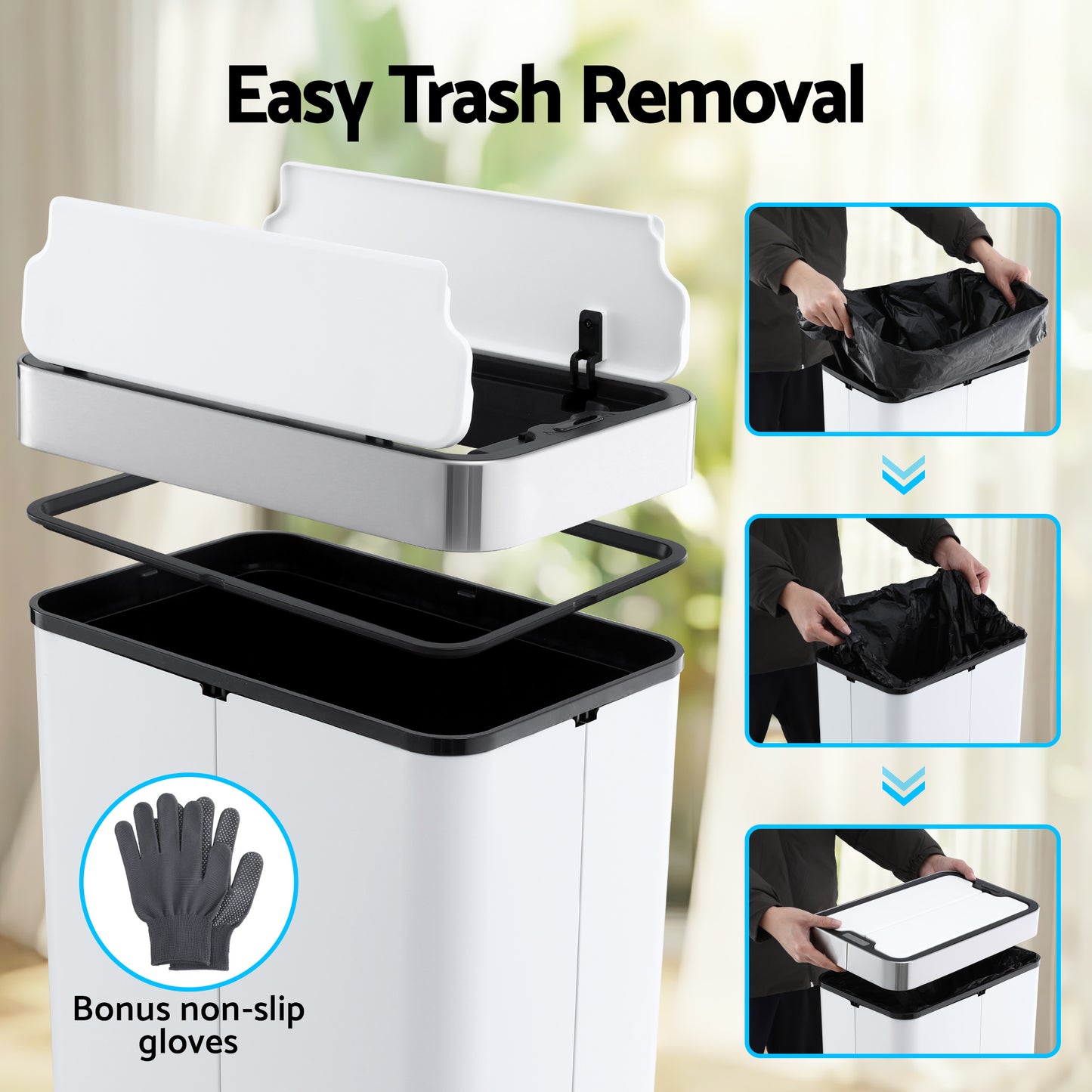 Devanti Rubbish Bin 70L Automatic Sensor Kitchen Bin, Slim Smart Garbage Can Touchless Rectangular with Liner SB-E-70L-WH