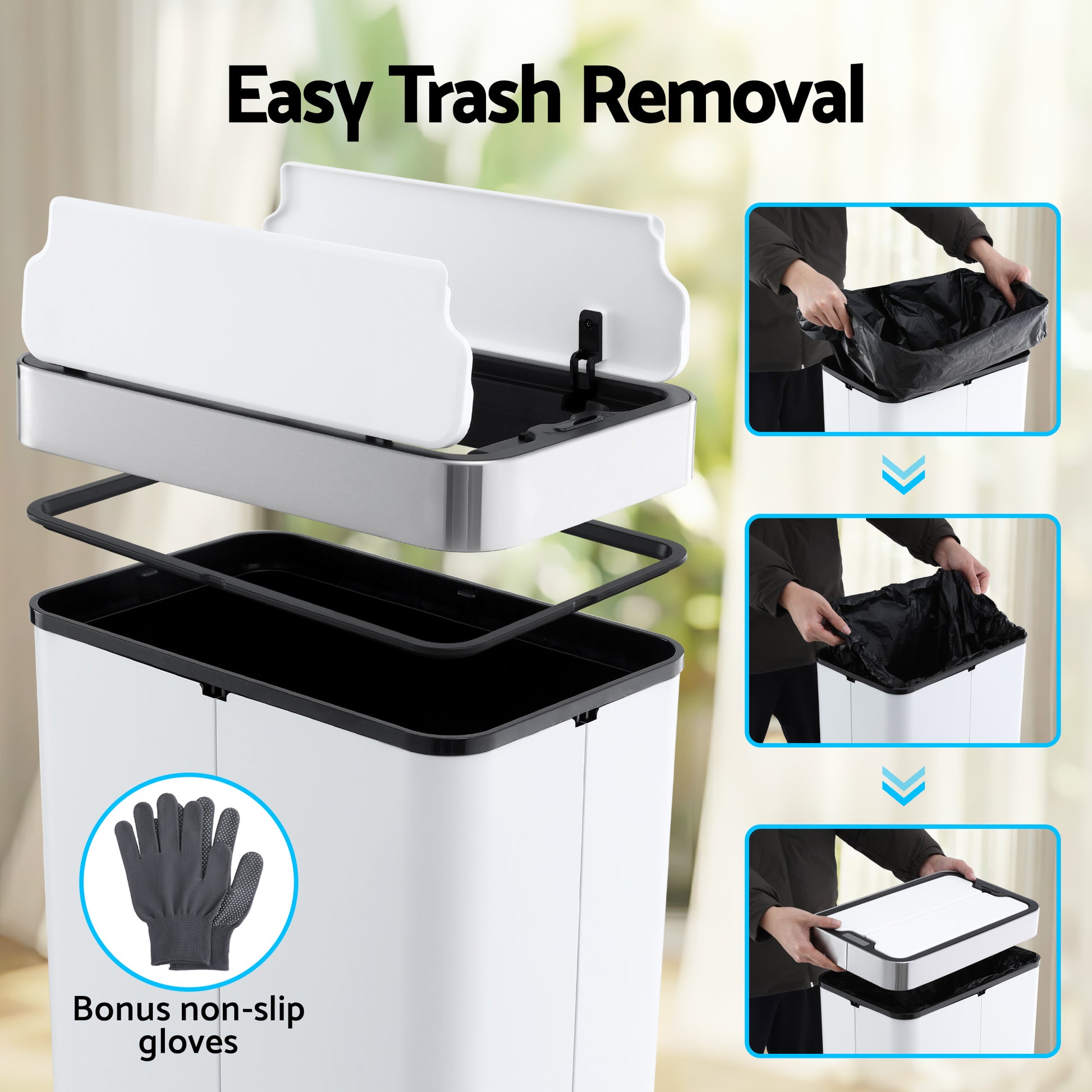 Devanti Rubbish Bin 70L Automatic Sensor Kitchen Bin, Slim Smart Garbage Can Touchless Rectangular with Liner SB-E-70L-WH
