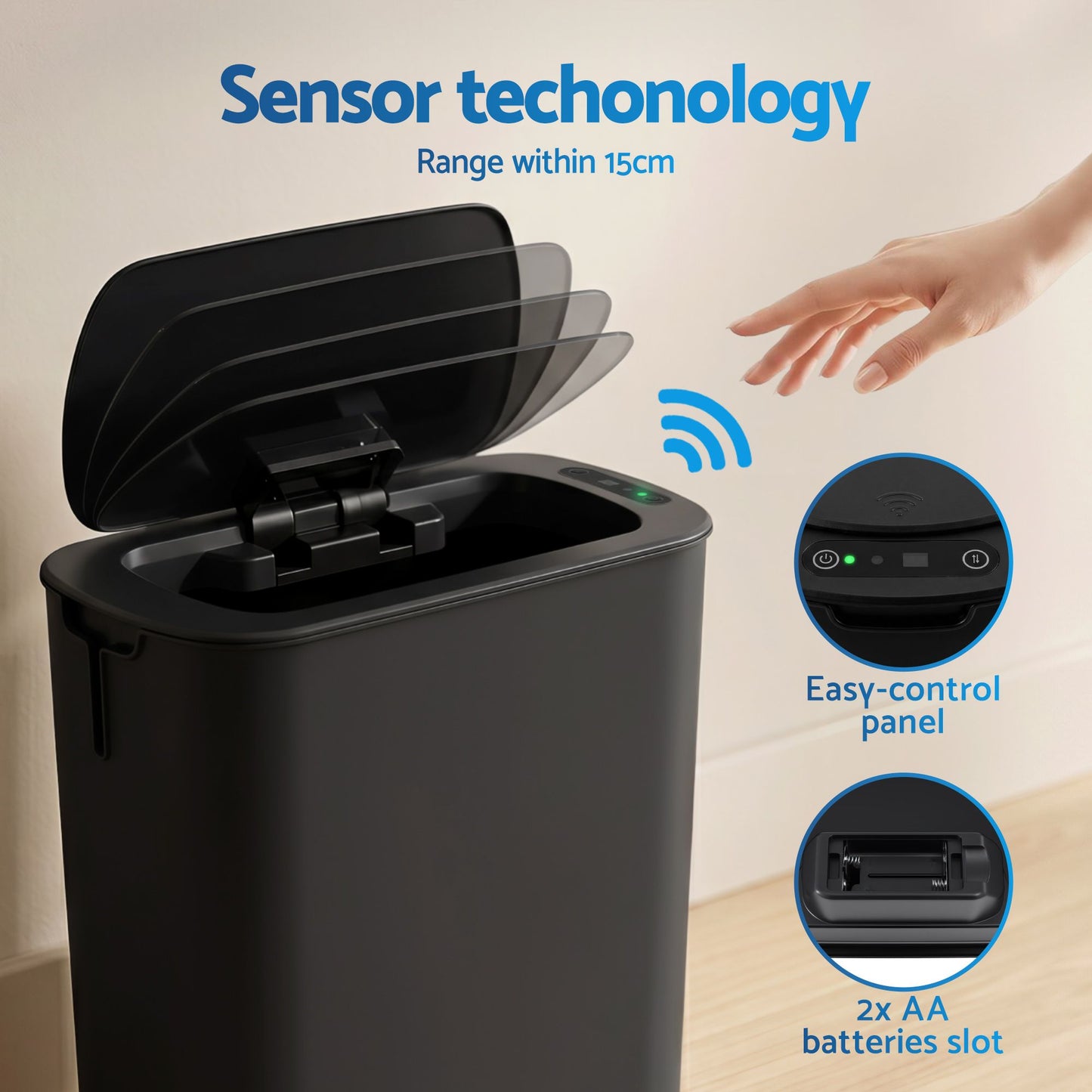 Devanti Automatic Trash Bin 2PCS with Lid 11L Motion Sensor Kitchen Bin Touchless Garbage Can Modern Black SB-F-11L-BKX2