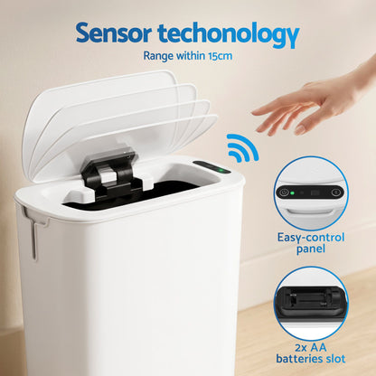 Devanti Automatic Trash Bin 2PCS with Lid 11L Motion Sensor Kitchen Bin Touchless Garbage Can Modern White SB-F-11L-WHX2