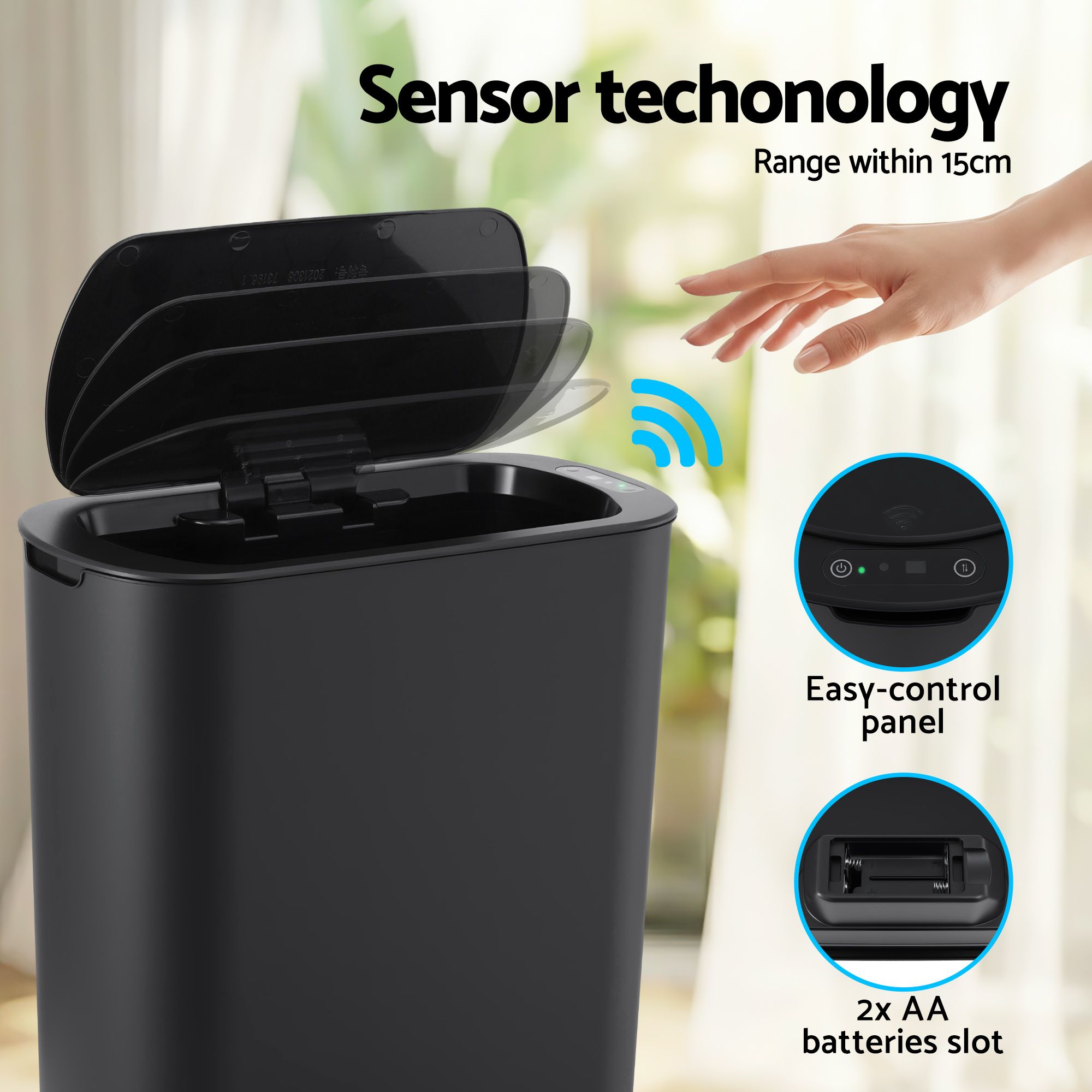 Devanti Automatic Trash Bin with Lid 21L Motion Sensor Kitchen Bin Touchless Garbage Can Modern Black Plastic SB-F-25L-BK