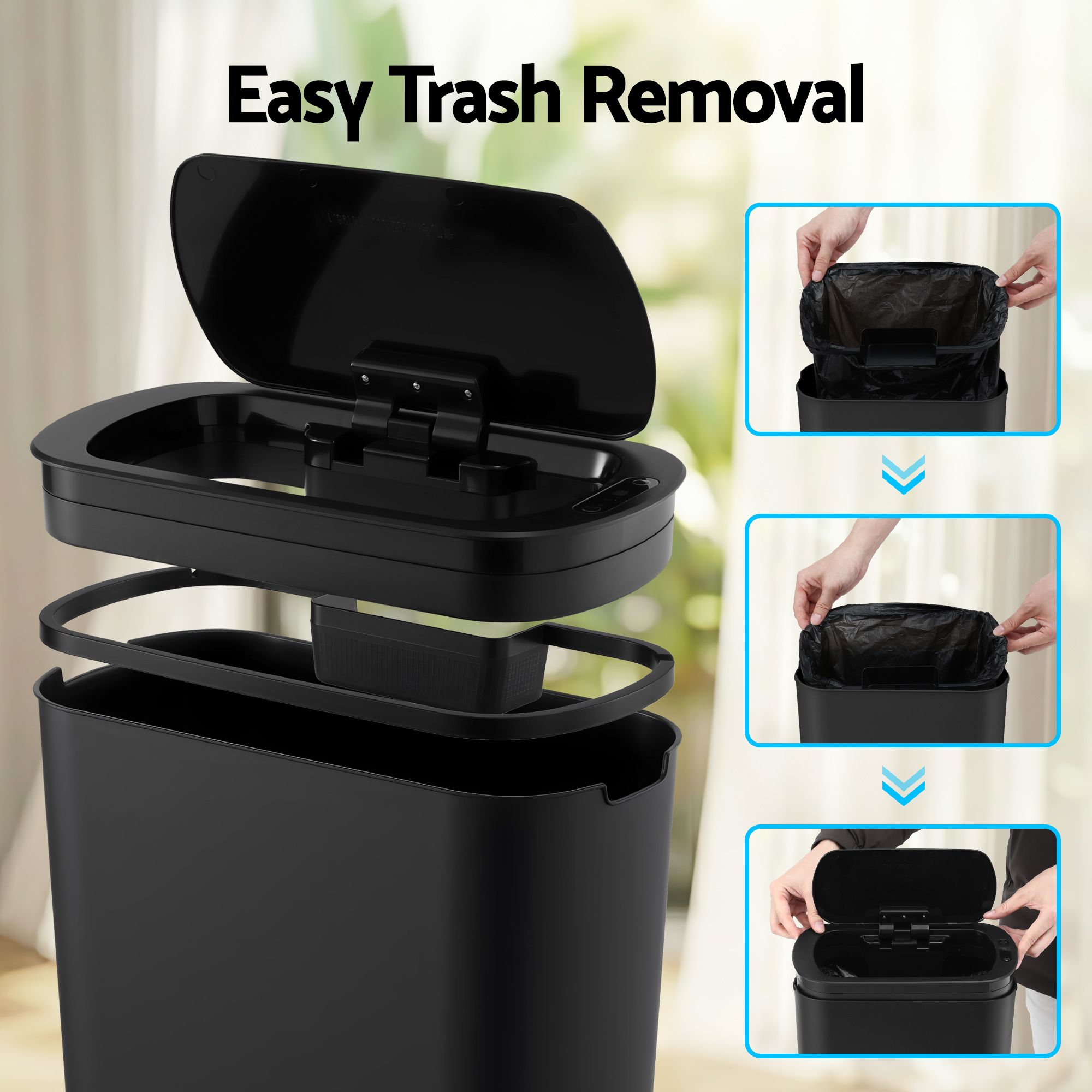 Devanti Automatic Trash Bin with Lid 21L Motion Sensor Kitchen Bin Touchless Garbage Can Modern Black Plastic SB-F-25L-BK