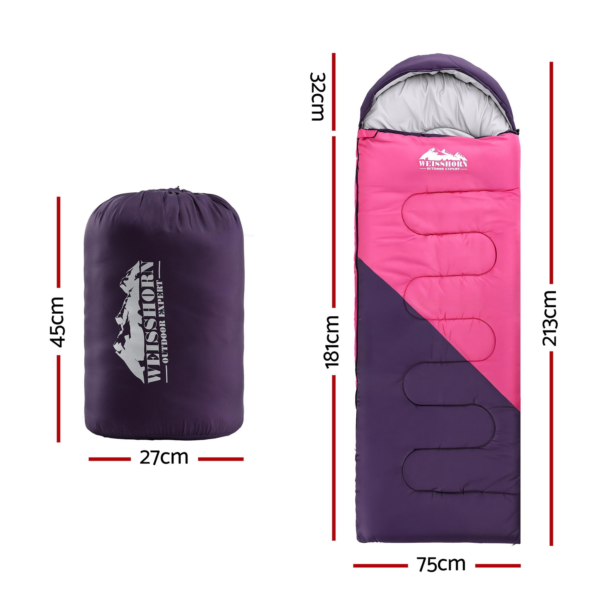 Weisshorn Sleeping Bag Single 213cm Thermal Camping Hiking Pink SB-S-CURVE-PK