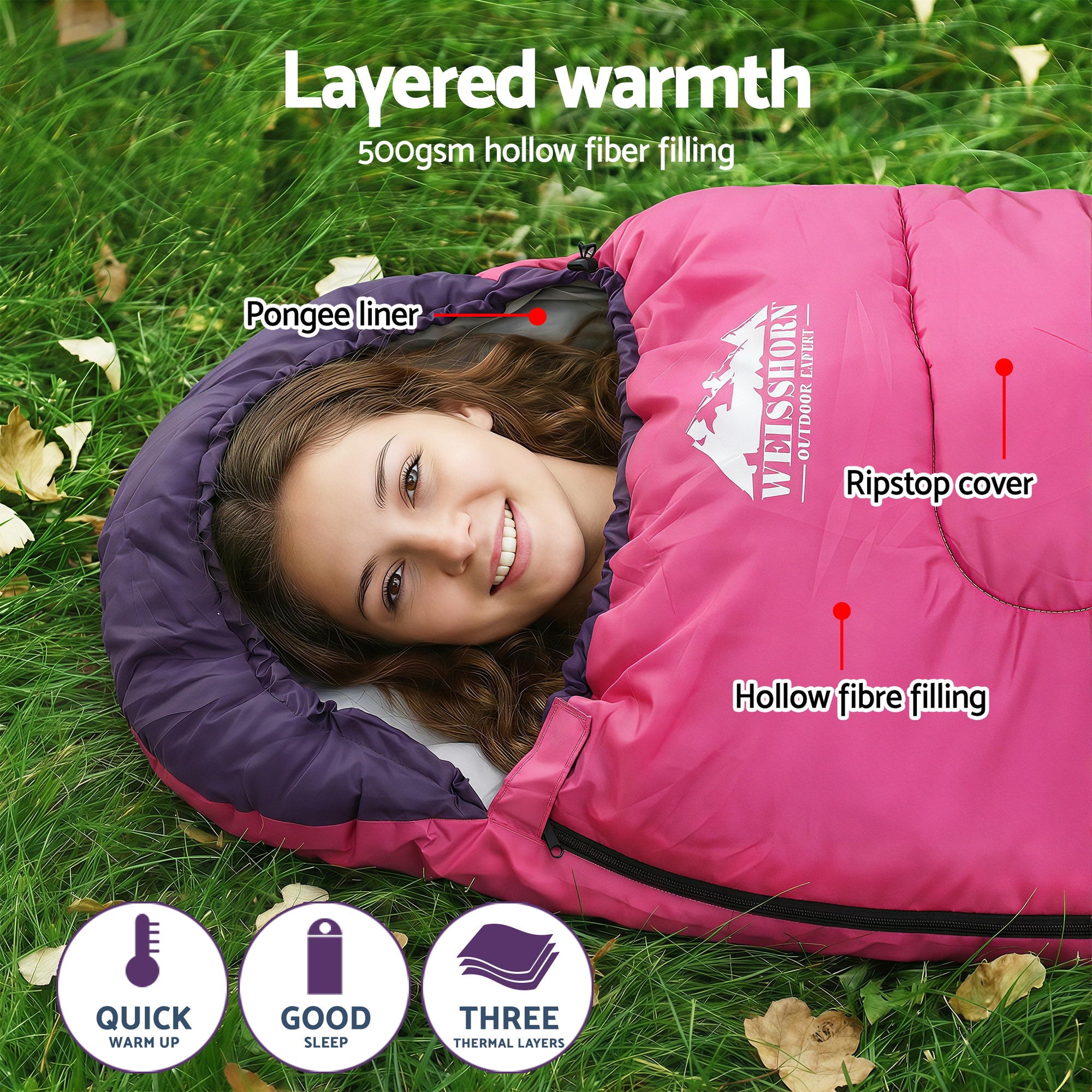 Weisshorn Sleeping Bag Single 213cm Thermal Camping Hiking Pink SB-S-CURVE-PK