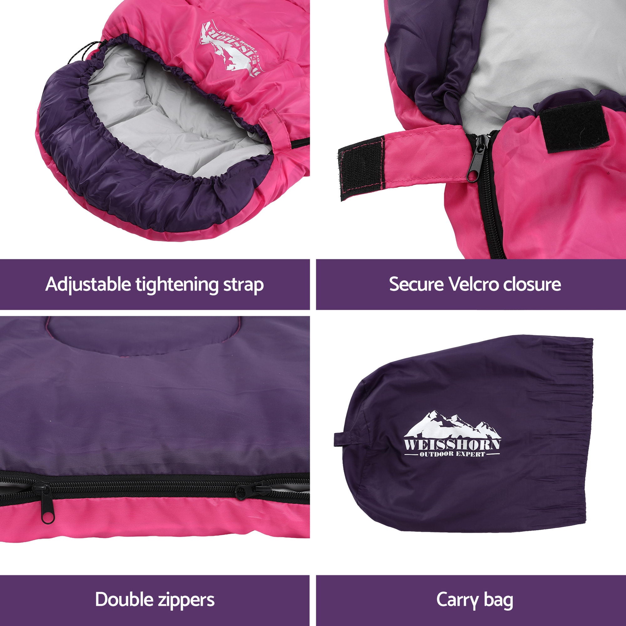 Weisshorn Sleeping Bag Single 213cm Thermal Camping Hiking Pink SB-S-CURVE-PK