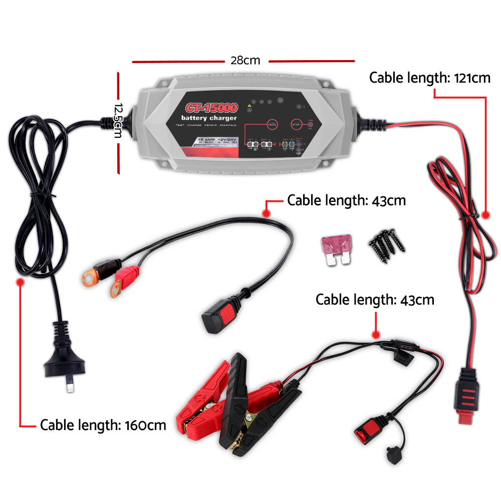 12V Automotive Car Battery Charger 24V 15Amp Smart Vehicle Truck Chargers AGM SBC-CT-15000