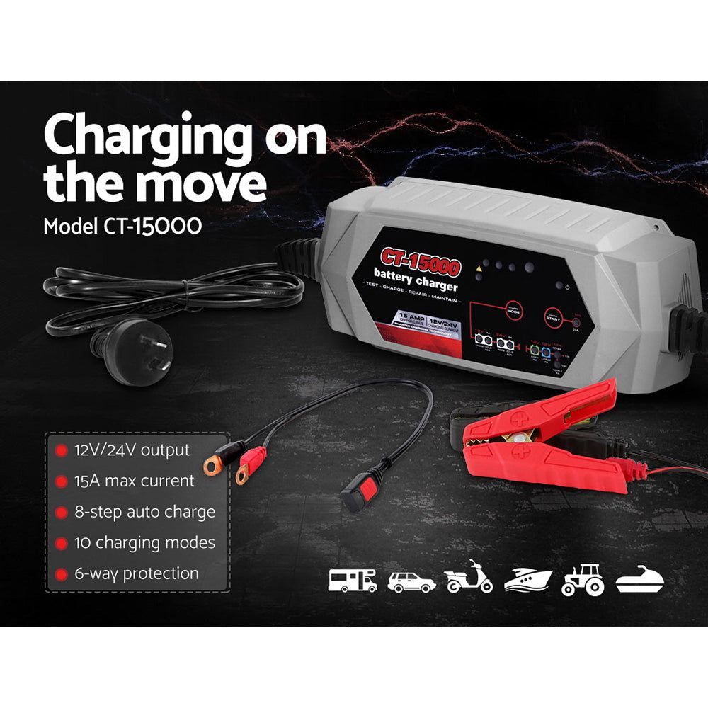 12V Automotive Car Battery Charger 24V 15Amp Smart Vehicle Truck Chargers AGM SBC-CT-15000