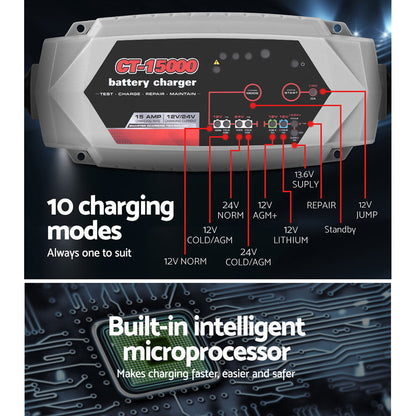 12V Automotive Car Battery Charger 24V 15Amp Smart Vehicle Truck Chargers AGM SBC-CT-15000