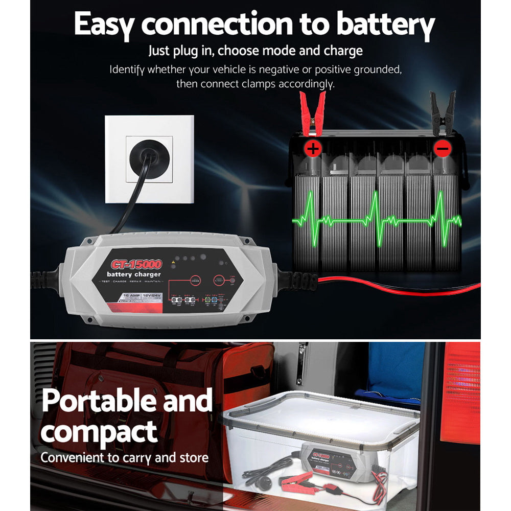 12V Automotive Car Battery Charger 24V 15Amp Smart Vehicle Truck Chargers AGM SBC-CT-15000