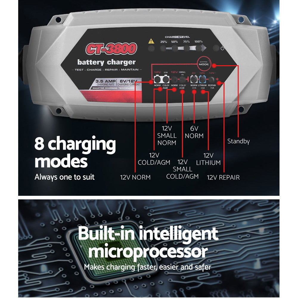 12V Automatic Car Battery Charger 6V 3.5Amp Vehicle Truck Chargers AGM SBC-CT-3800