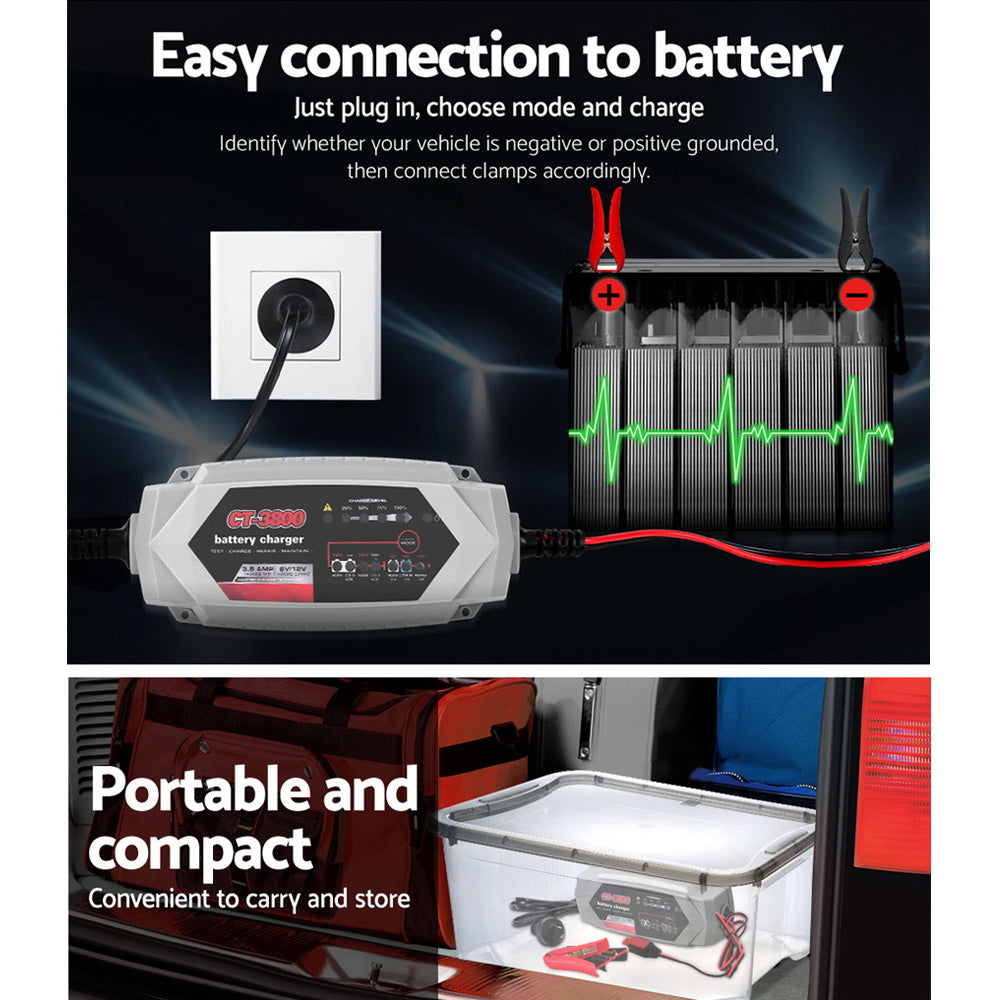 12V Automatic Car Battery Charger 6V 3.5Amp Vehicle Truck Chargers AGM SBC-CT-3800