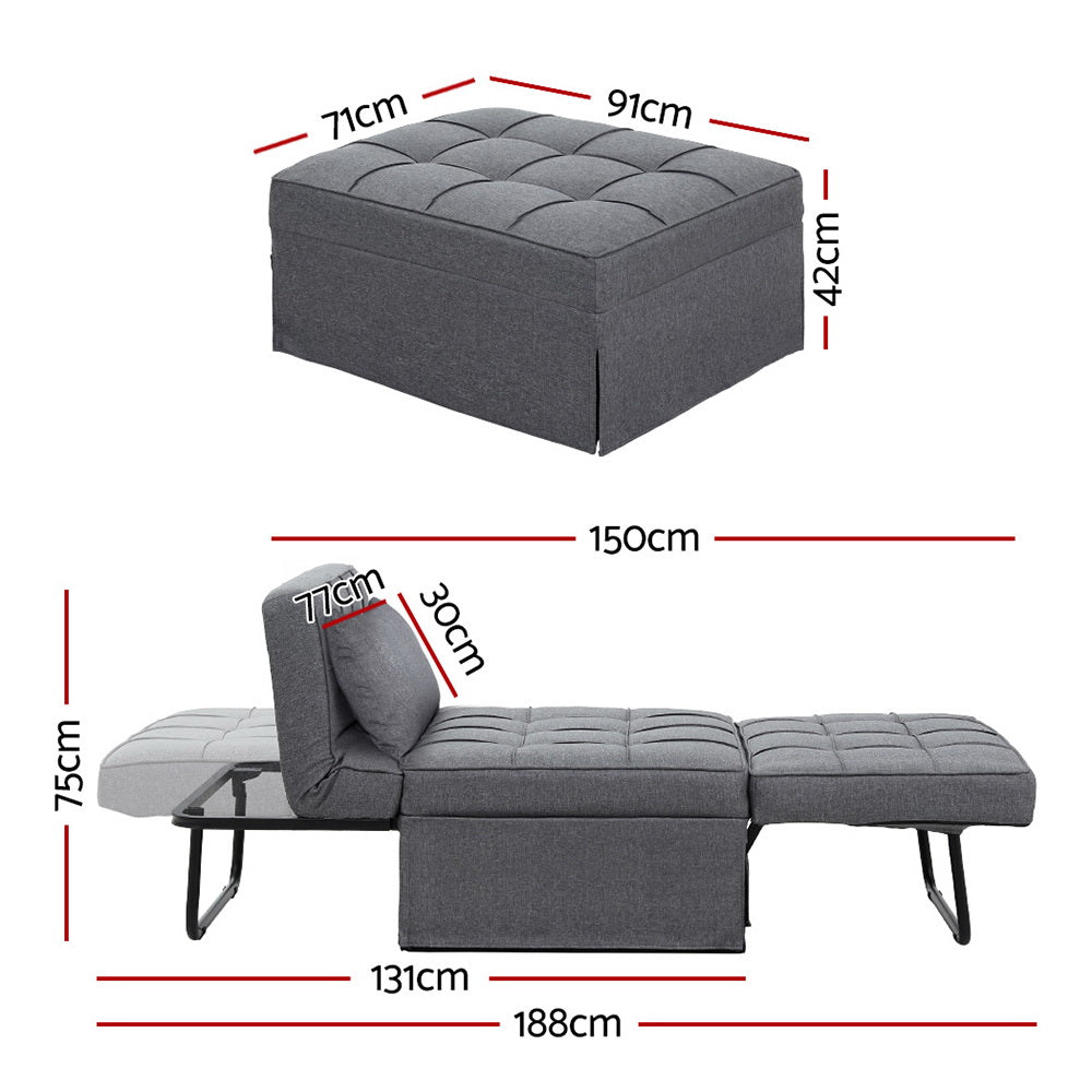 Artiss Sofa Bed Lounge Convertible Ottoman 1 Seater Couch Recliner Linen Grey SBED-E-FA-03-GY