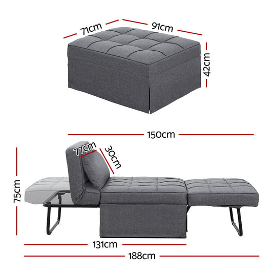 Artiss Sofa Bed Lounge Convertible Ottoman 1 Seater Couch Recliner Linen Grey SBED-E-FA-03-GY