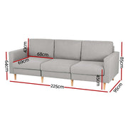 Artiss 3 Seater Sofa 225cm Linen Fabric Grey SBED-E-FA-04-GY-ABCD