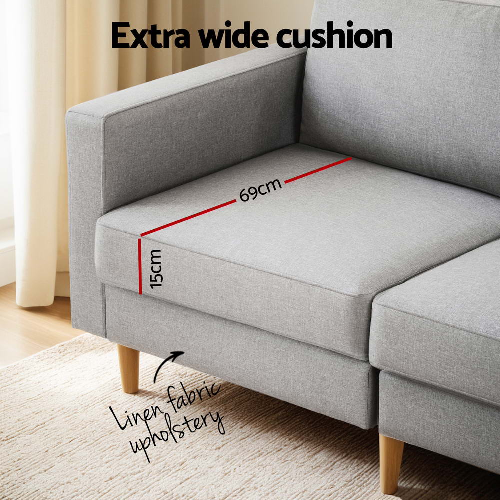Artiss 3 Seater Sofa 225cm Linen Fabric Grey SBED-E-FA-04-GY-ABCD