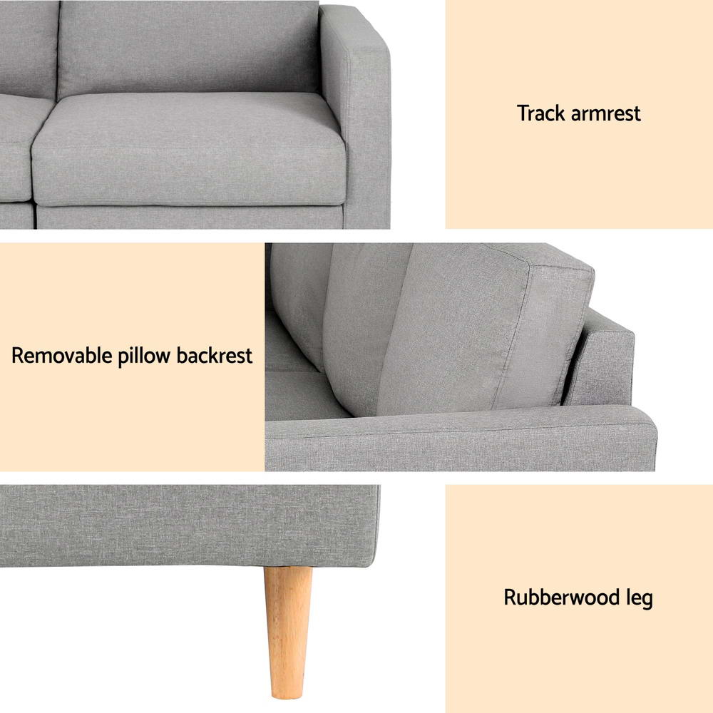Artiss 3 Seater Sofa 225cm Linen Fabric Grey SBED-E-FA-04-GY-ABCD