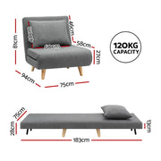 Artiss Sofa Bed Convertible Couch Recliner Lounge Chair Linen Grey SBED-E-FLD01-1S-GY