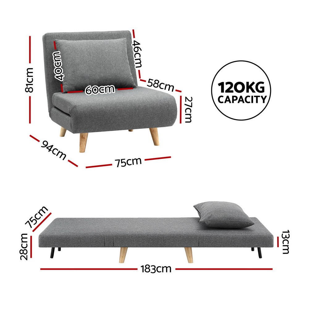 Artiss Sofa Bed Convertible Couch Recliner Lounge Chair Linen Grey SBED-E-FLD01-1S-GY