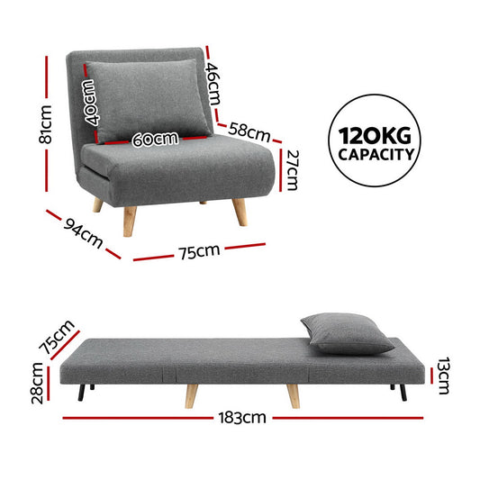 Artiss Sofa Bed Convertible Couch Recliner Lounge Chair Linen Grey SBED-E-FLD01-1S-GY