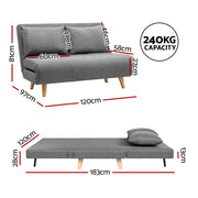 Artiss Sofa Bed 2 Seater Convertible Couch Recliner Lounge Chair Linen SBED-E-FLD01-2S-GY