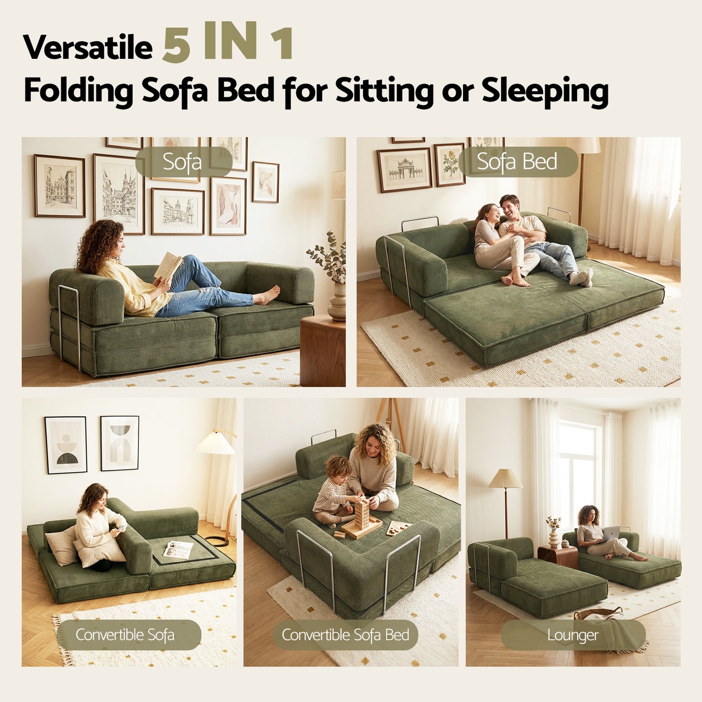 Artiss Convertible Folding Sofa Bed Green SBED-E-FLD03-2S-GN-AB