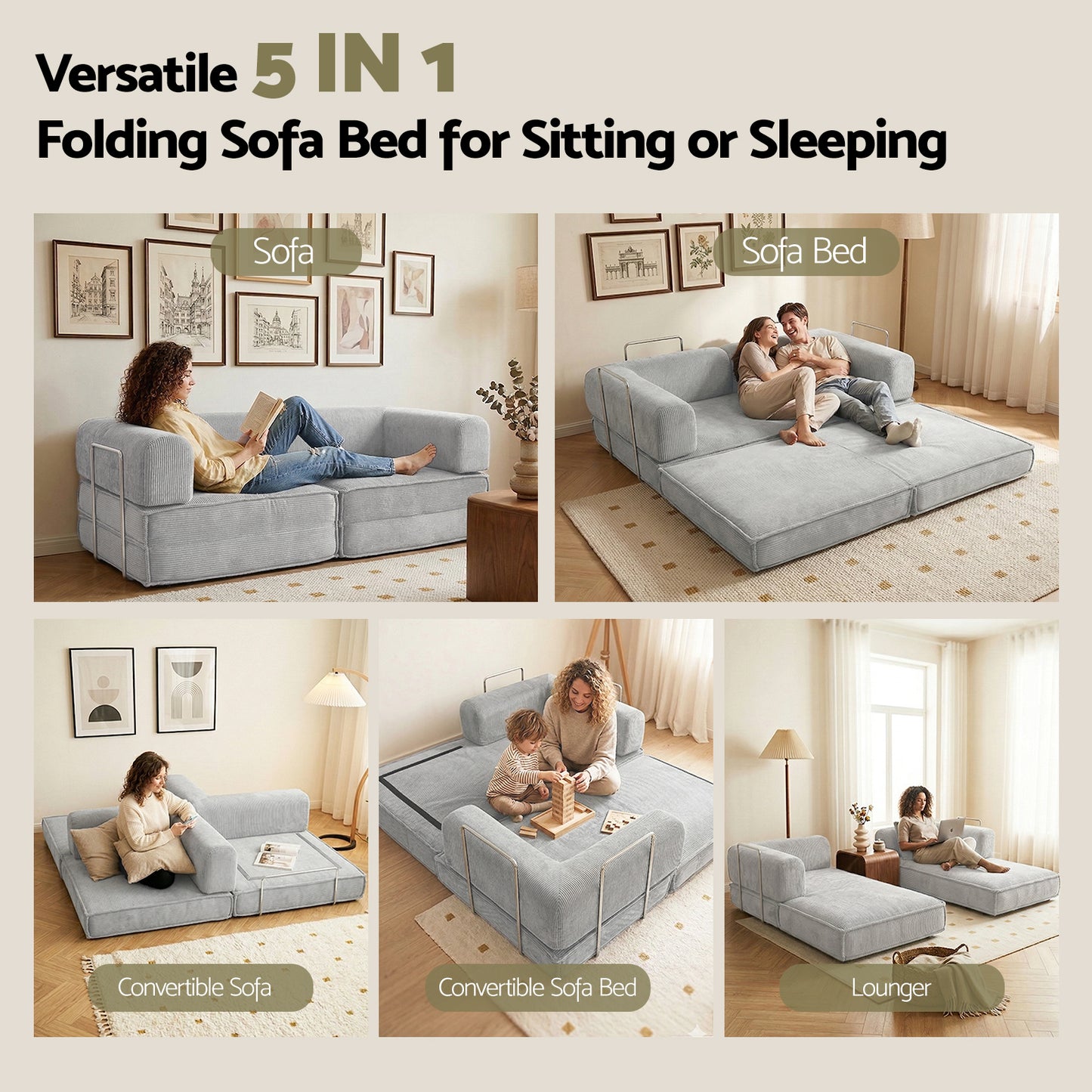 Artiss Convertible Folding Sofa Bed Grey SBED-E-FLD03-2S-GY-AB