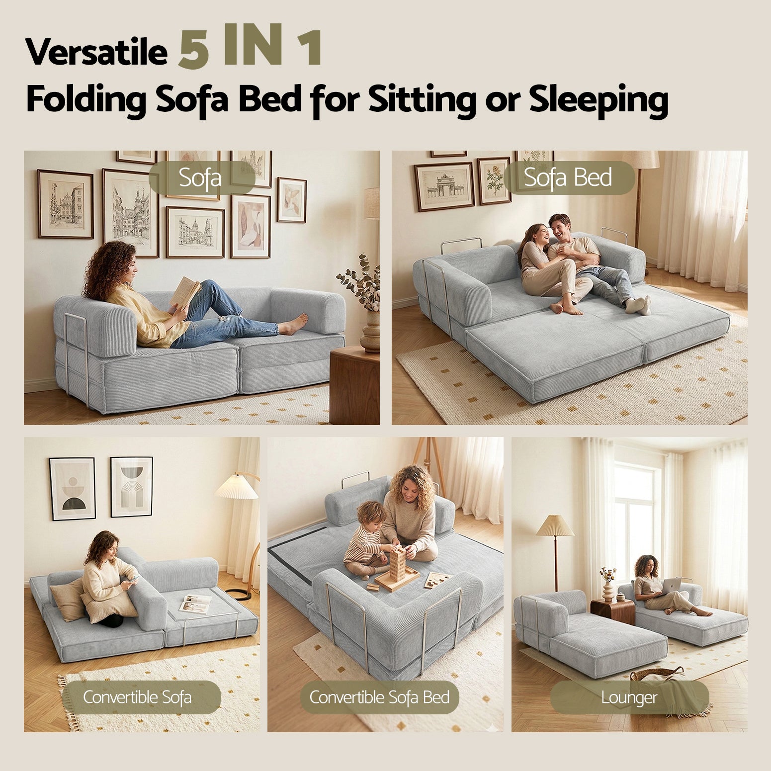 Artiss Convertible Folding Sofa Bed Grey