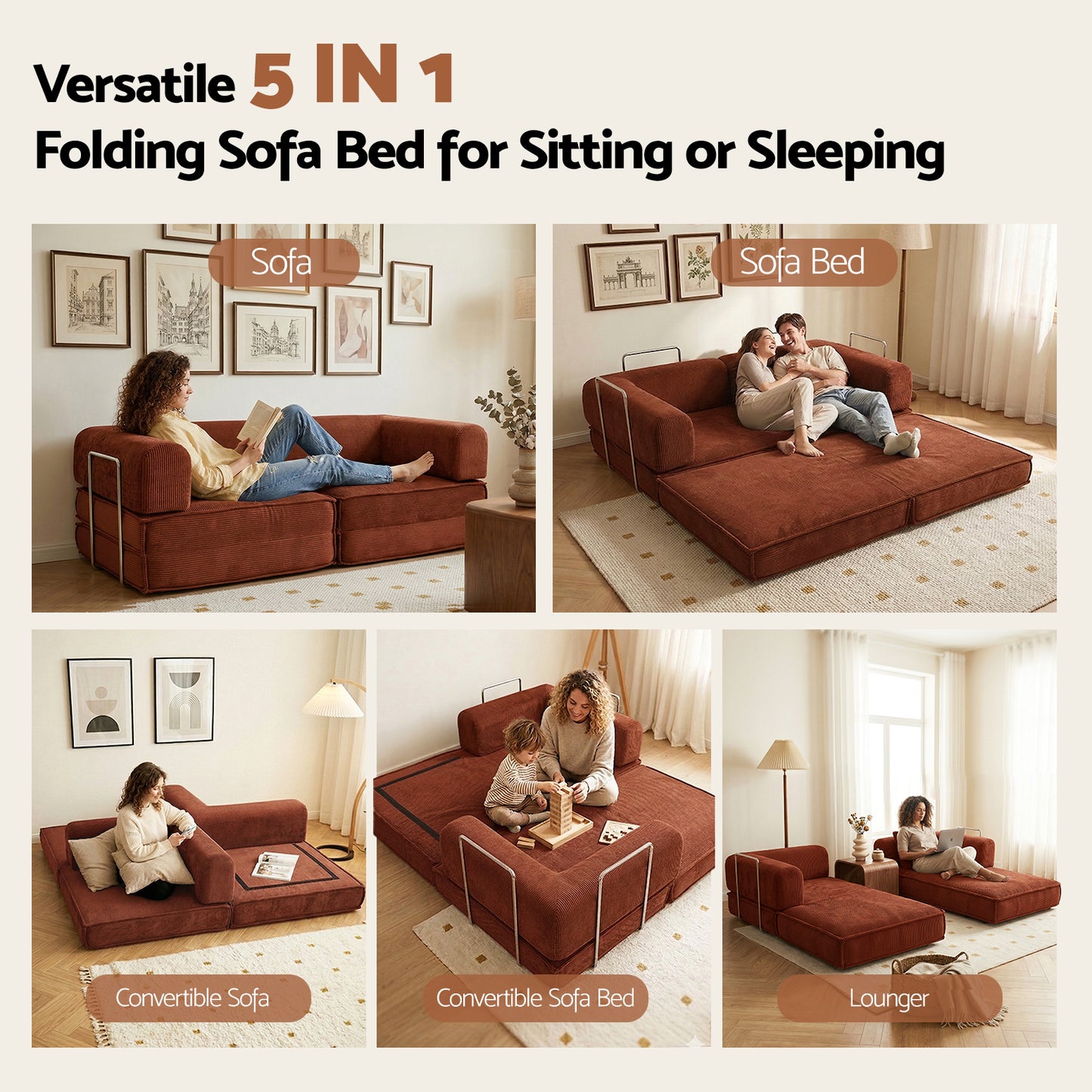 Artiss Convertible Folding Sofa Bed Orange SBED-E-FLD03-2S-OR-AB