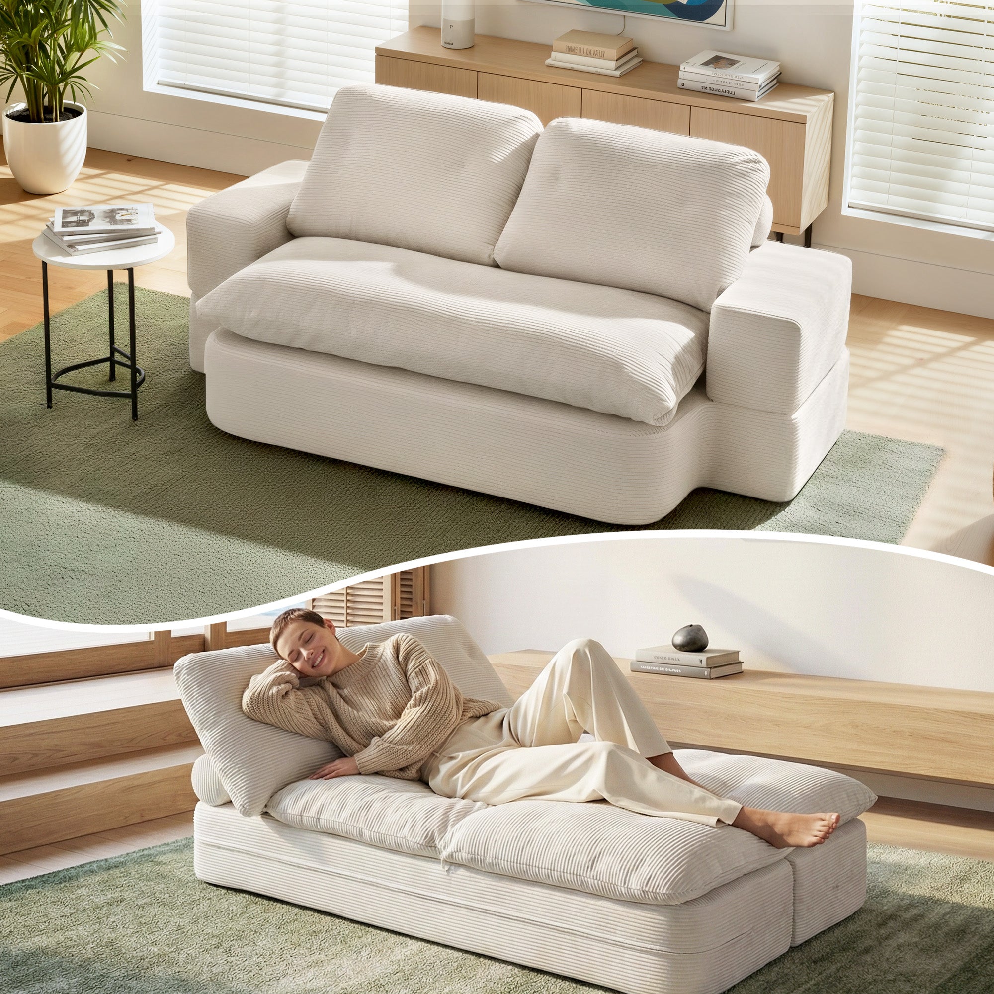 Artiss Convertible Folding Sofa Bed 30D High-Density Foam Boneless Couch with Corduroy Sleeper Couch Lounger SBED-E-FLD04-2S-BG