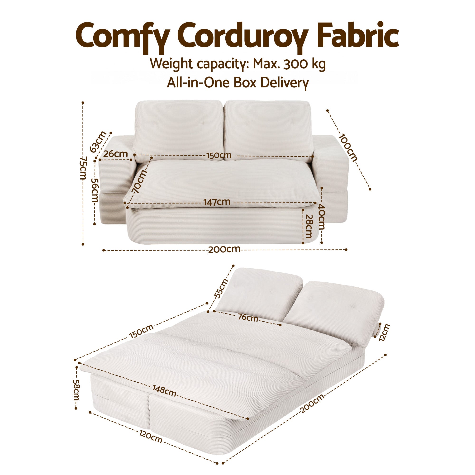 Artiss Convertible Folding Sofa Bed 30D High-Density Foam Boneless Couch with Corduroy Sleeper Couch Lounger SBED-E-FLD04-2S-BG