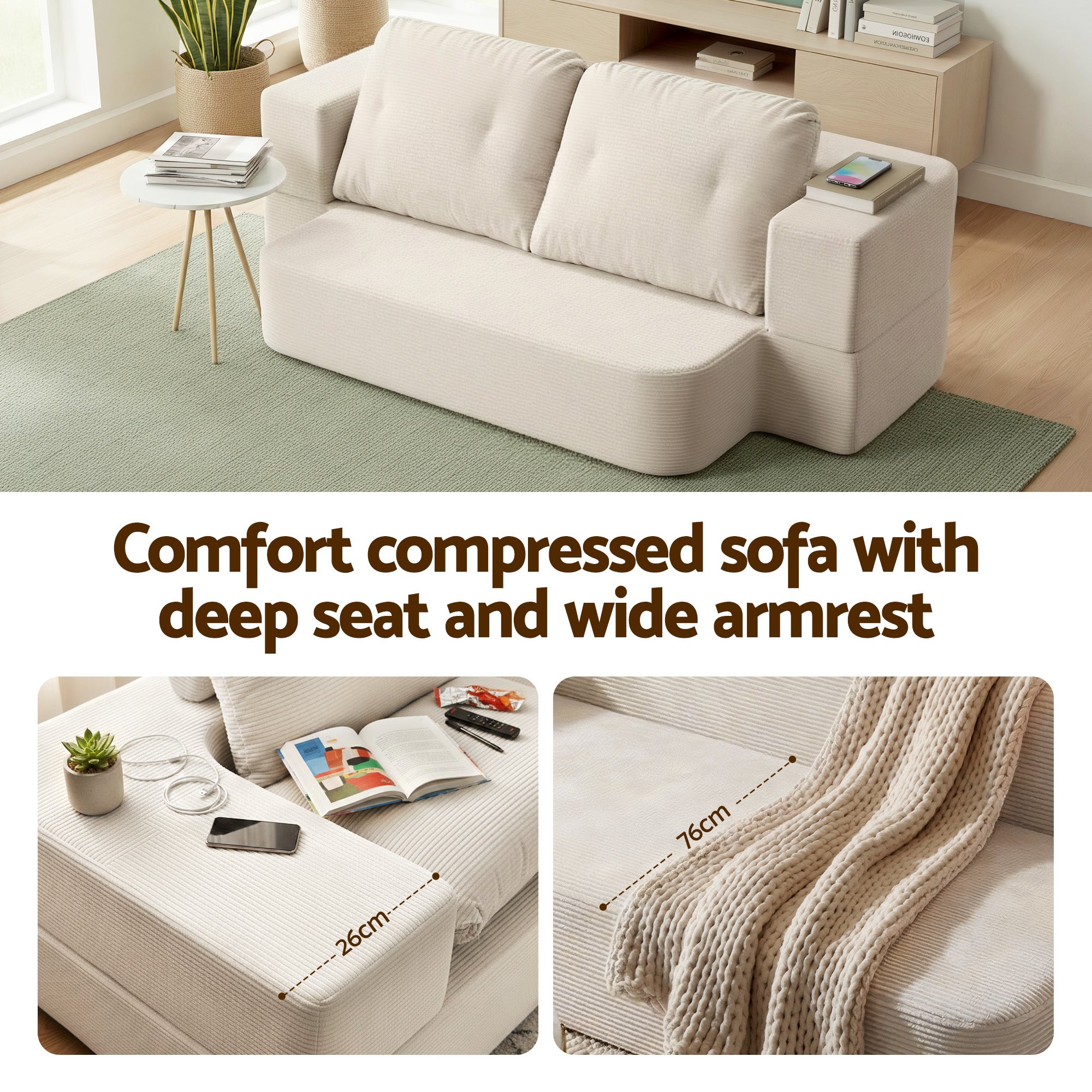 Artiss Convertible Folding Sofa Bed 30D High-Density Foam Boneless Couch with Corduroy Sleeper Couch Lounger SBED-E-FLD04-2S-BG