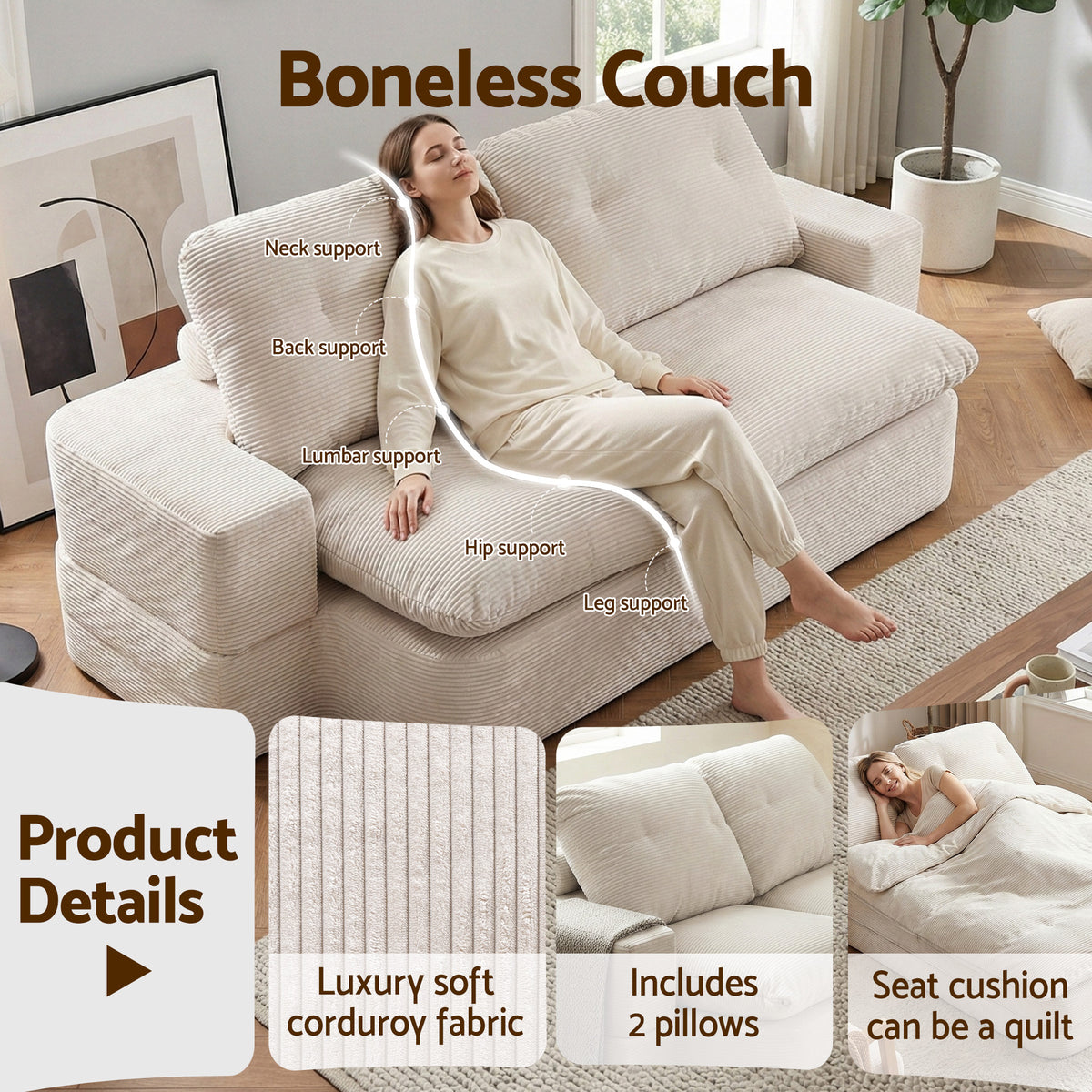 Artiss Convertible Folding Sofa Bed 30D High-Density Foam Boneless Couch with Corduroy Sleeper Couch Lounger SBED-E-FLD04-2S-BG
