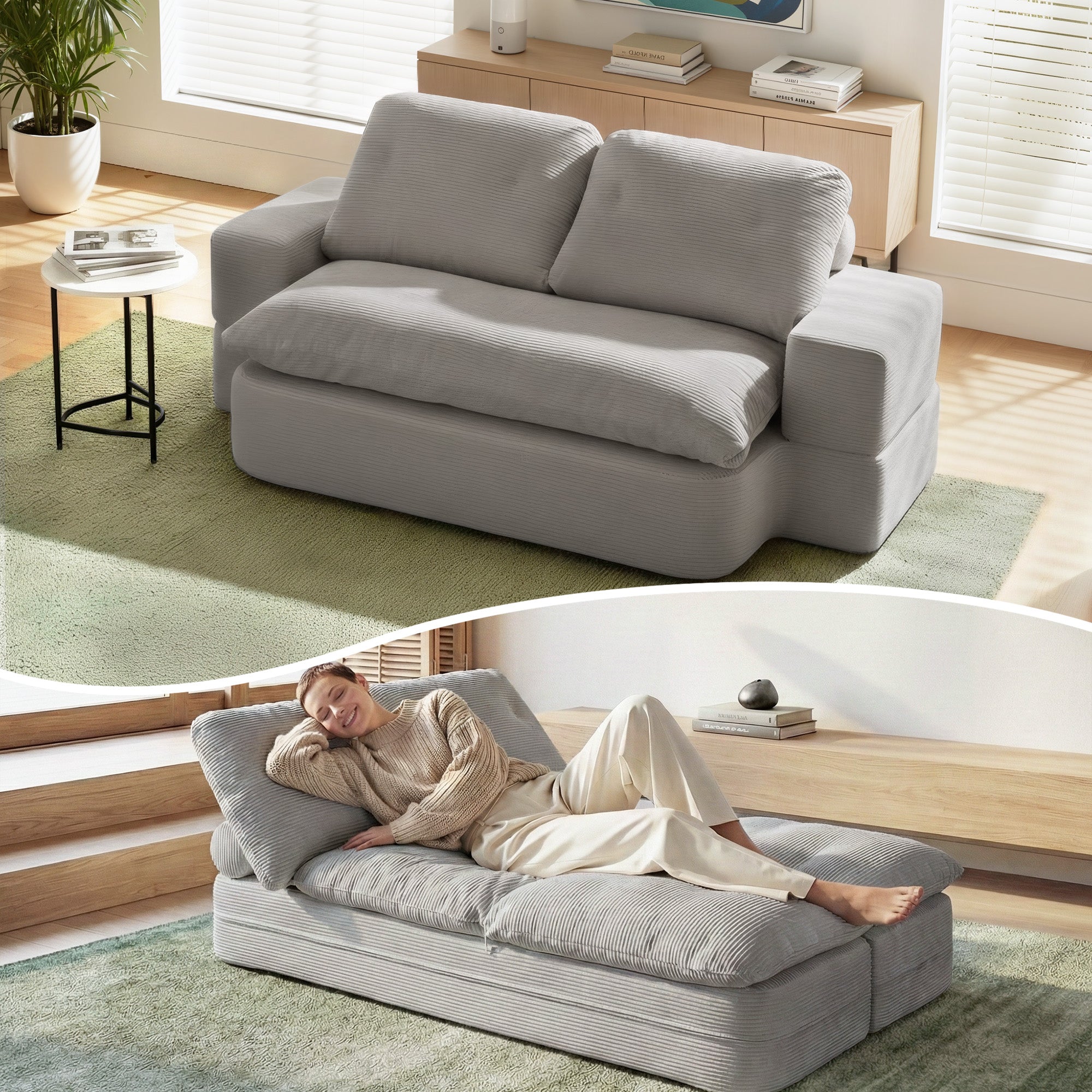 Artiss Convertible Folding Sofa Bed 30D High-Density Foam Boneless Couch with Corduroy Sleeper Couch Lounger SBED-E-FLD04-2S-GY