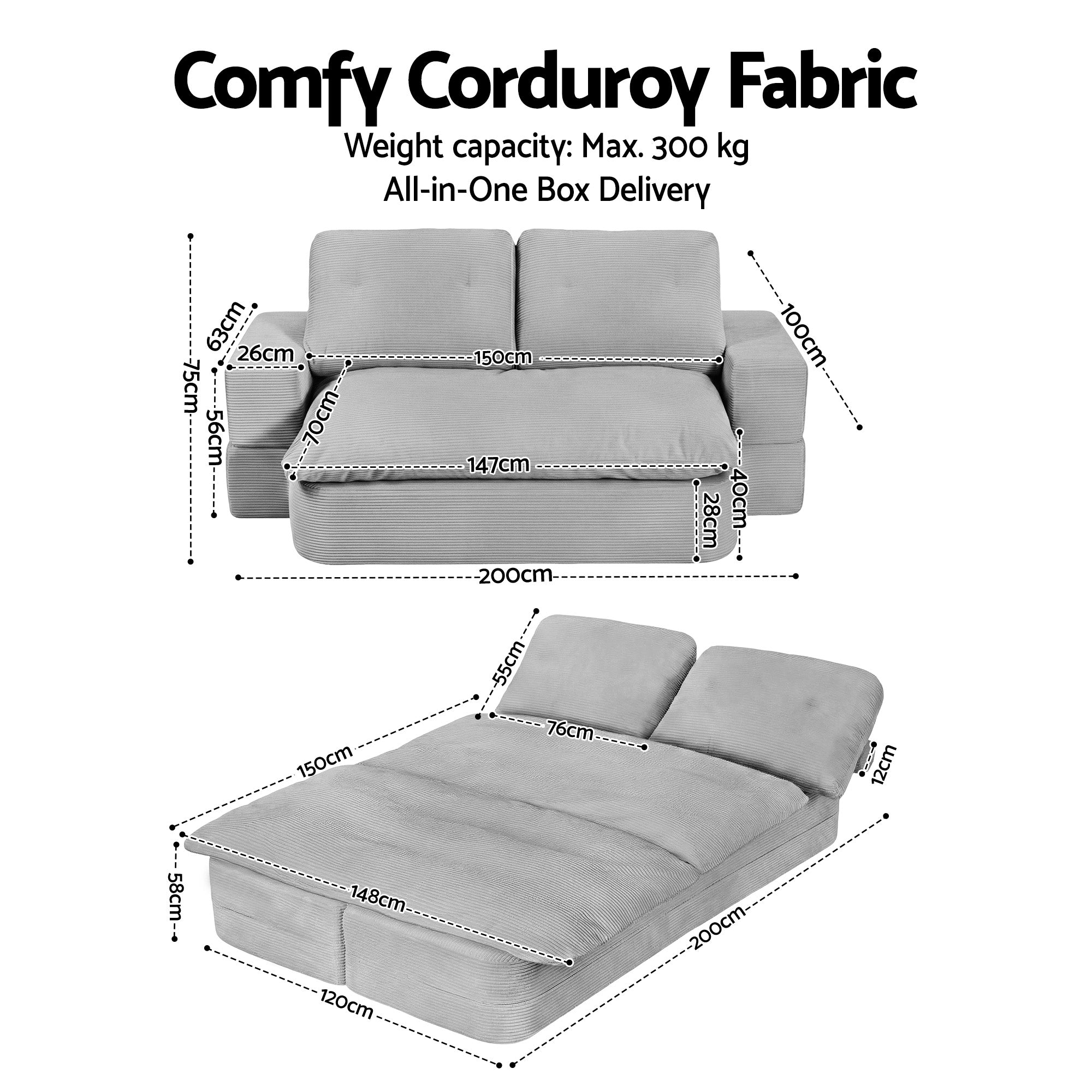 Artiss Convertible Folding Sofa Bed 30D High-Density Foam Boneless Couch with Corduroy Sleeper Couch Lounger SBED-E-FLD04-2S-GY