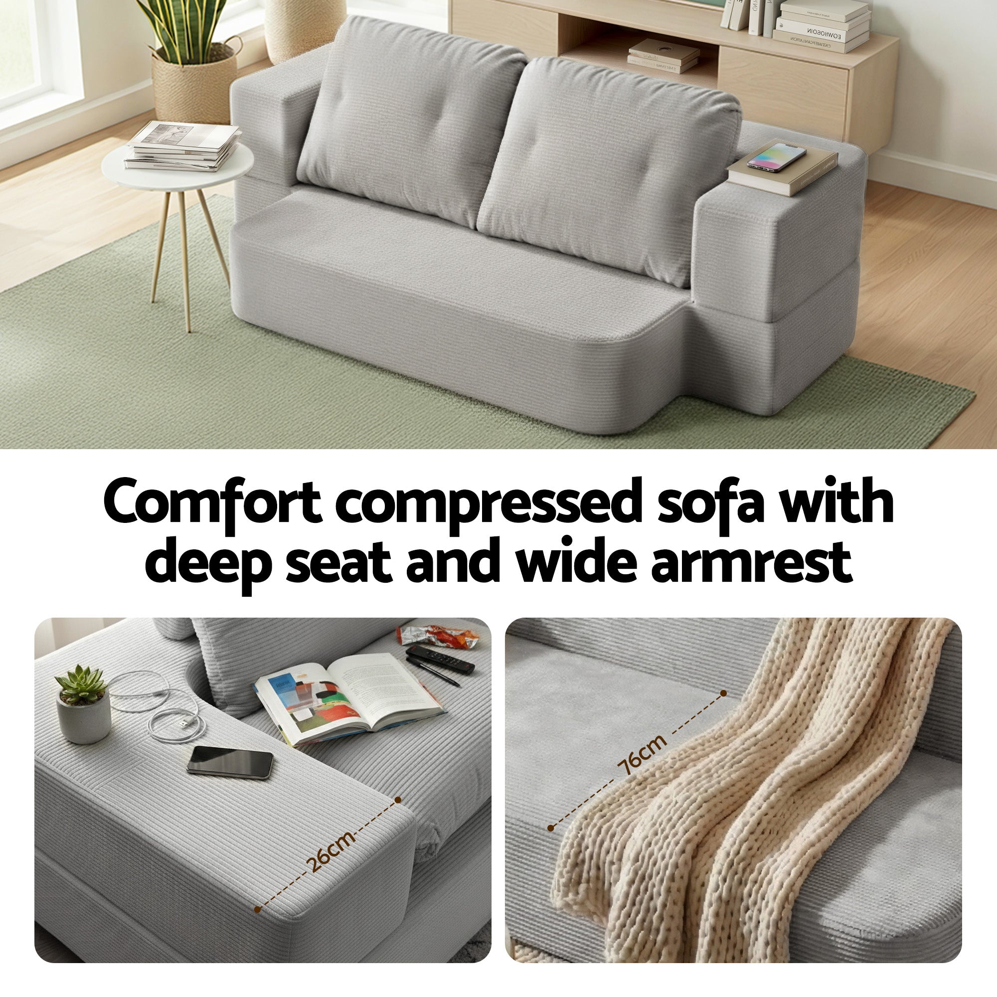 Artiss Convertible Folding Sofa Bed 30D High-Density Foam Boneless Couch with Corduroy Sleeper Couch Lounger SBED-E-FLD04-2S-GY