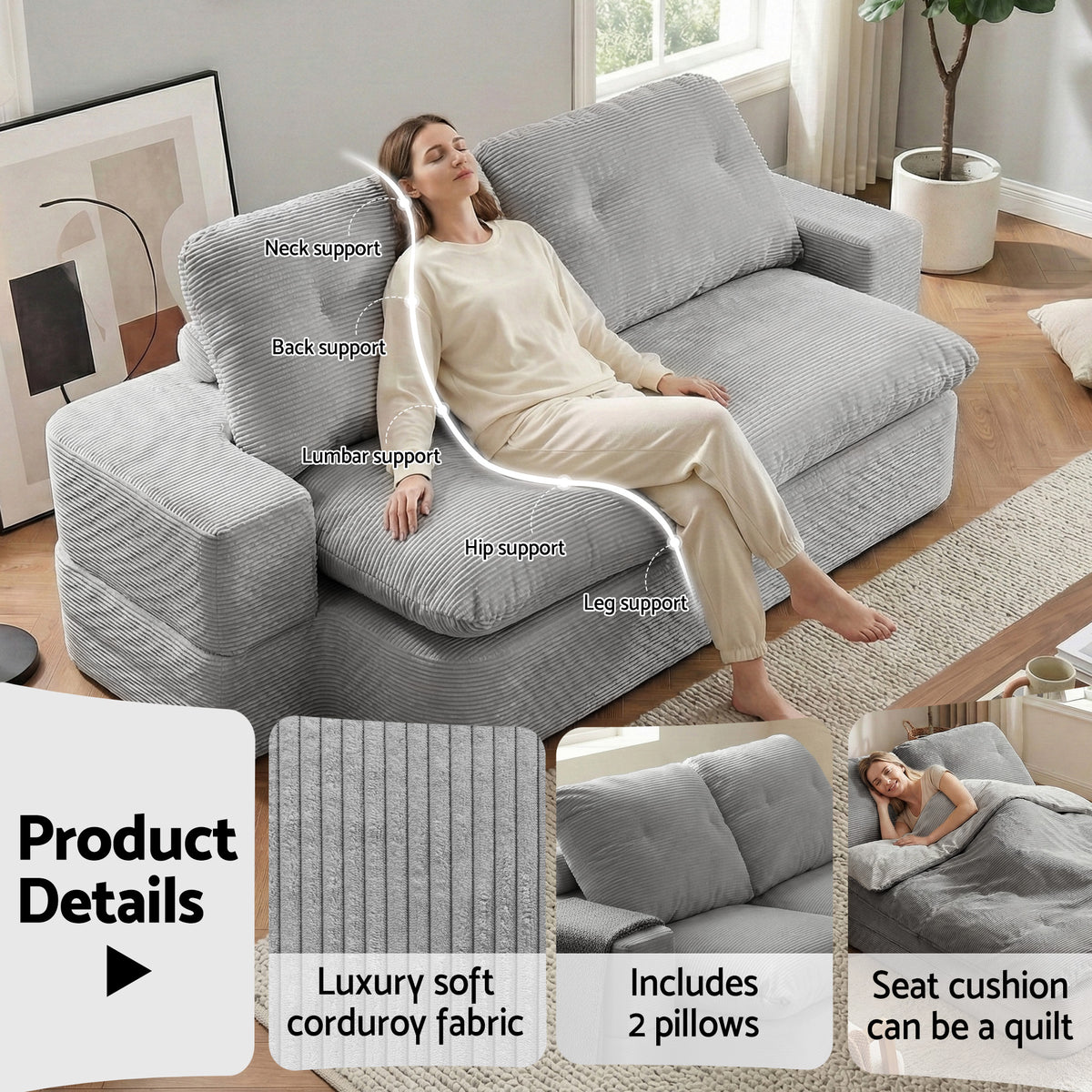 Artiss Convertible Folding Sofa Bed 30D High-Density Foam Boneless Couch with Corduroy Sleeper Couch Lounger SBED-E-FLD04-2S-GY