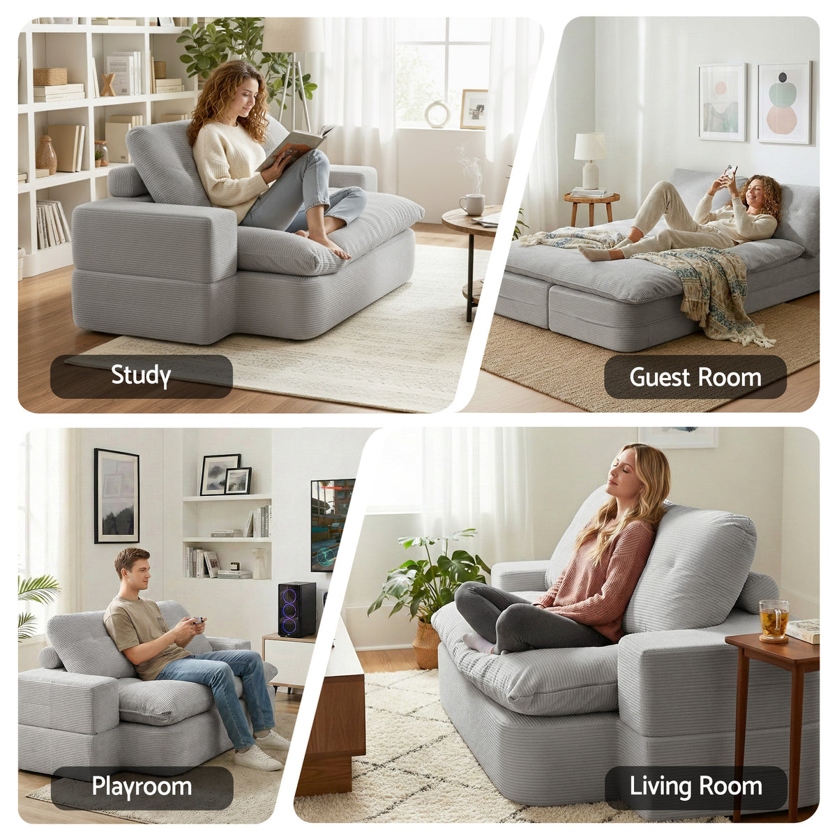 Artiss Convertible Folding Sofa Bed 30D High-Density Foam Boneless Couch with Corduroy Sleeper Couch Lounger SBED-E-FLD04-2S-GY