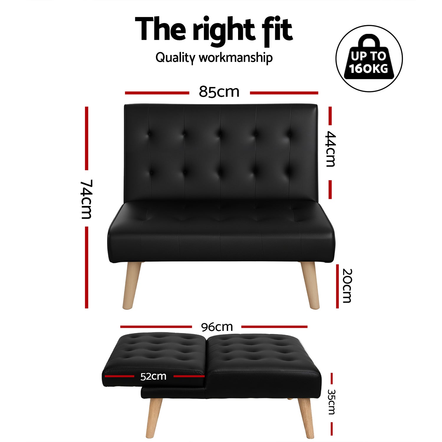 Artiss Sofa Bed Couch 1 Seater Lounge Fabric Black SBED-E-SOLO86-PU-BK