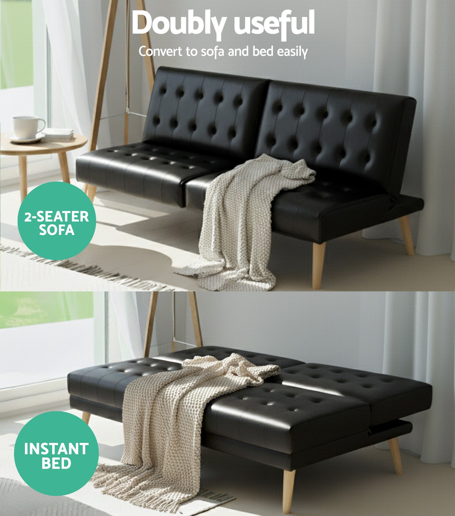 Artiss Sofa Bed Couch 1 Seater Lounge Fabric Black SBED-E-SOLO86-PU-BK