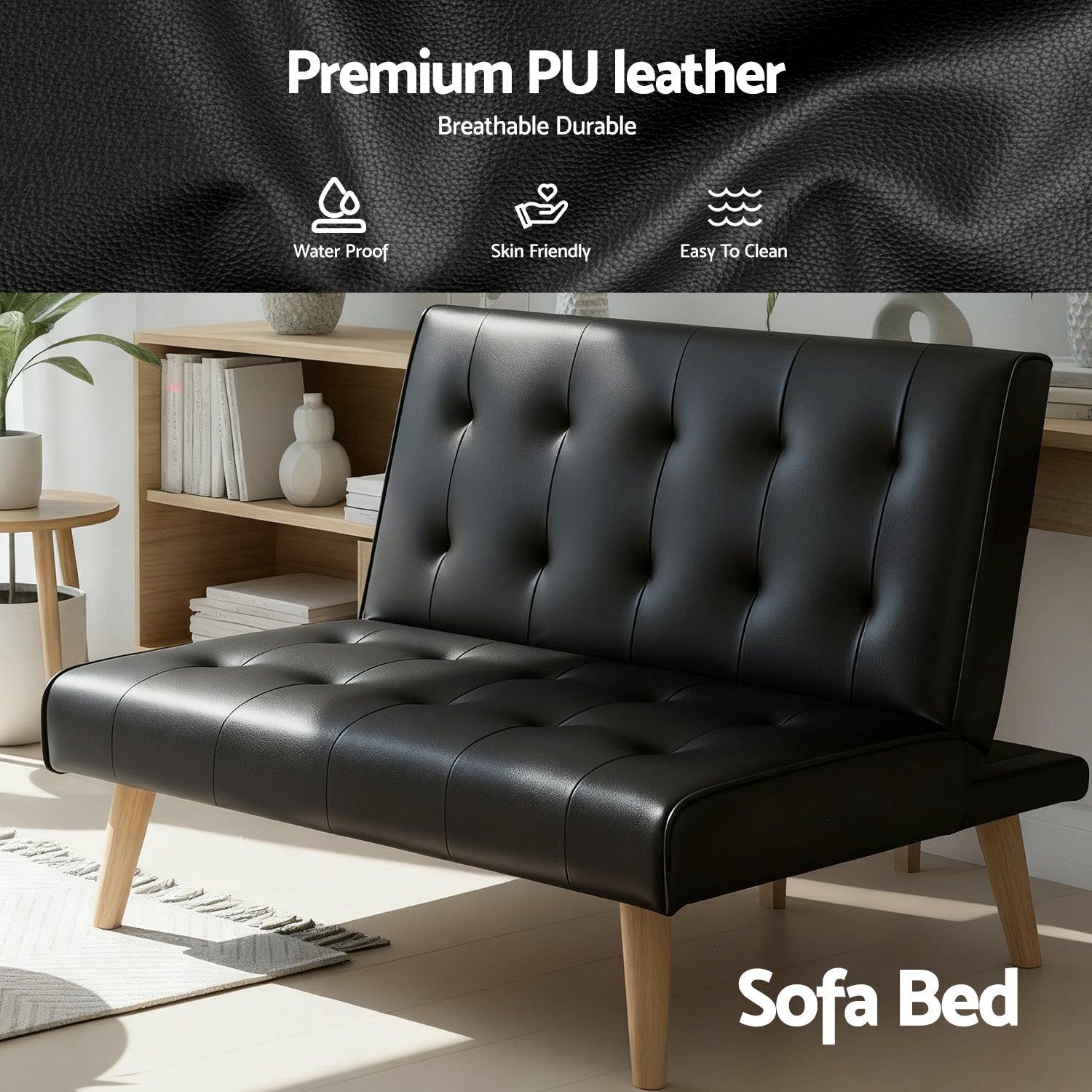 Artiss Sofa Bed Couch 1 Seater Lounge Fabric Black SBED-E-SOLO86-PU-BK